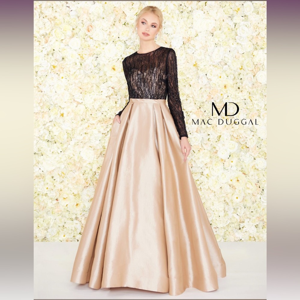 Mac Duggal formal black jeweled and champagne gown